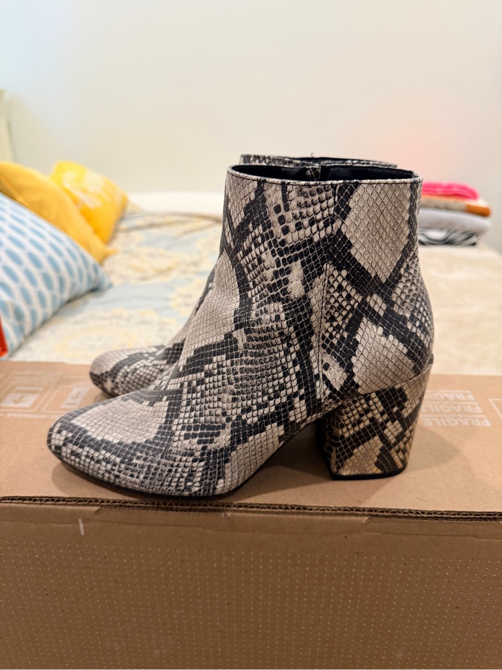 BAMBOO Snake-Effect Ankle Boots in Beige and Black